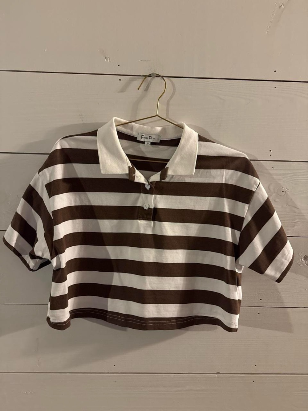 Striped Brown & White Cropped Polo Top